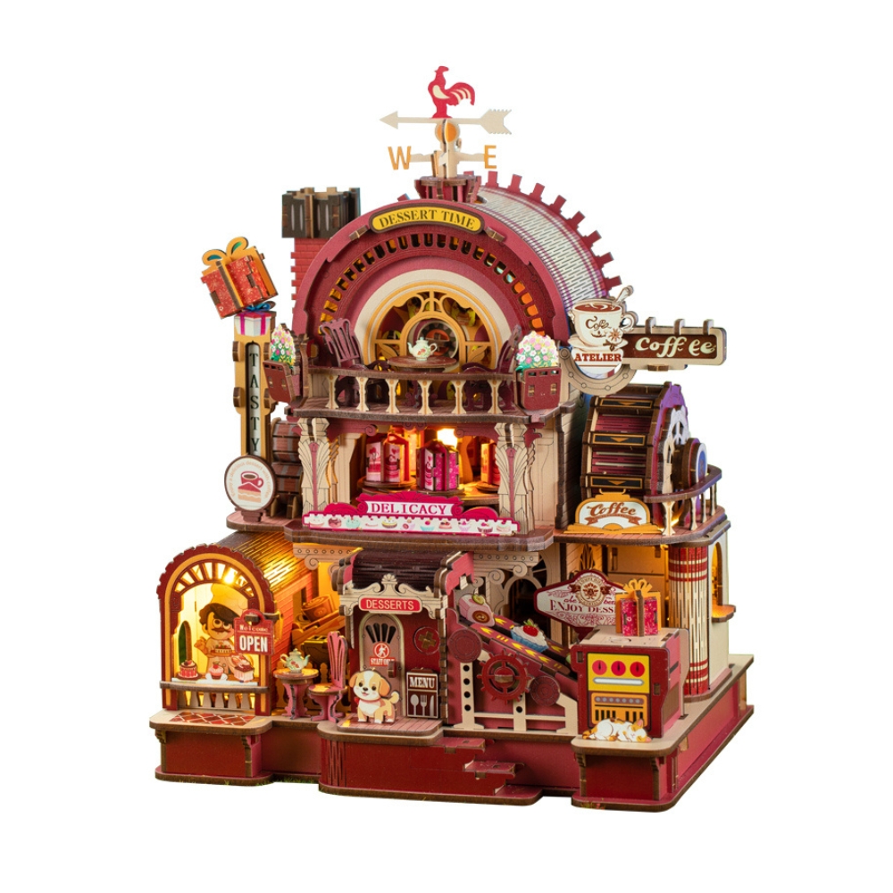 This is a DIY model of a three-story dessert shop or café. 
The kit includes wooden puzzle pieces that assemble into a miniature world with a coffee bar, a dessert counter, and a rooftop.