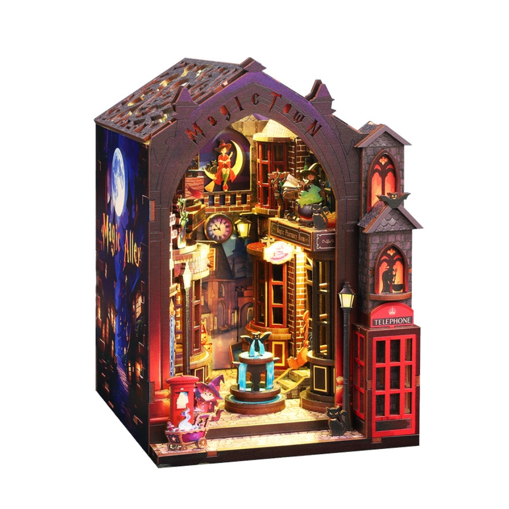 The kit includes parts to build a miniature magical alley with a telephone booth, shops, and a central fountain. 
It often comes with LED lights to illuminate the scene.