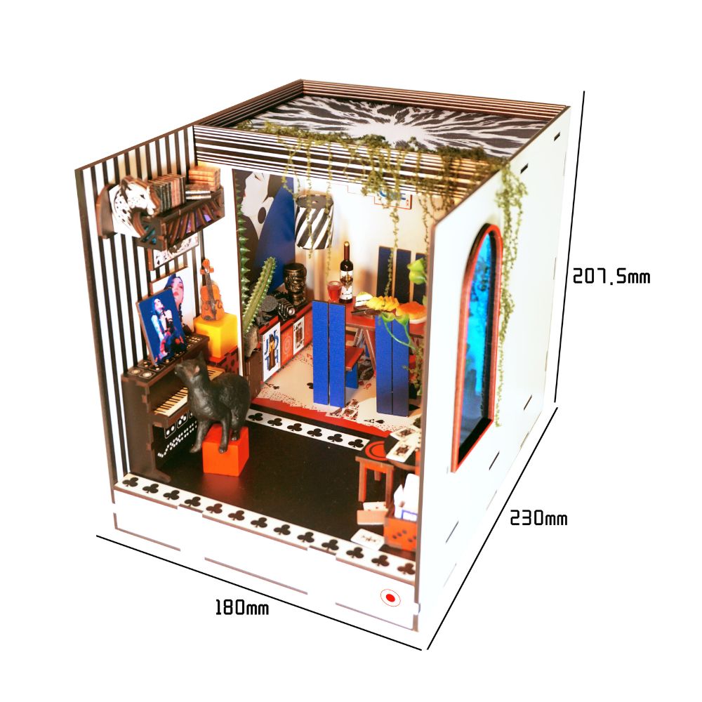 The assembled dimensions are approximately 180mm x 230mm x 207.5mm. 
It is a wooden puzzle kit that includes various pieces and accessories to build a detailed miniature living room scene, often with LED lights.