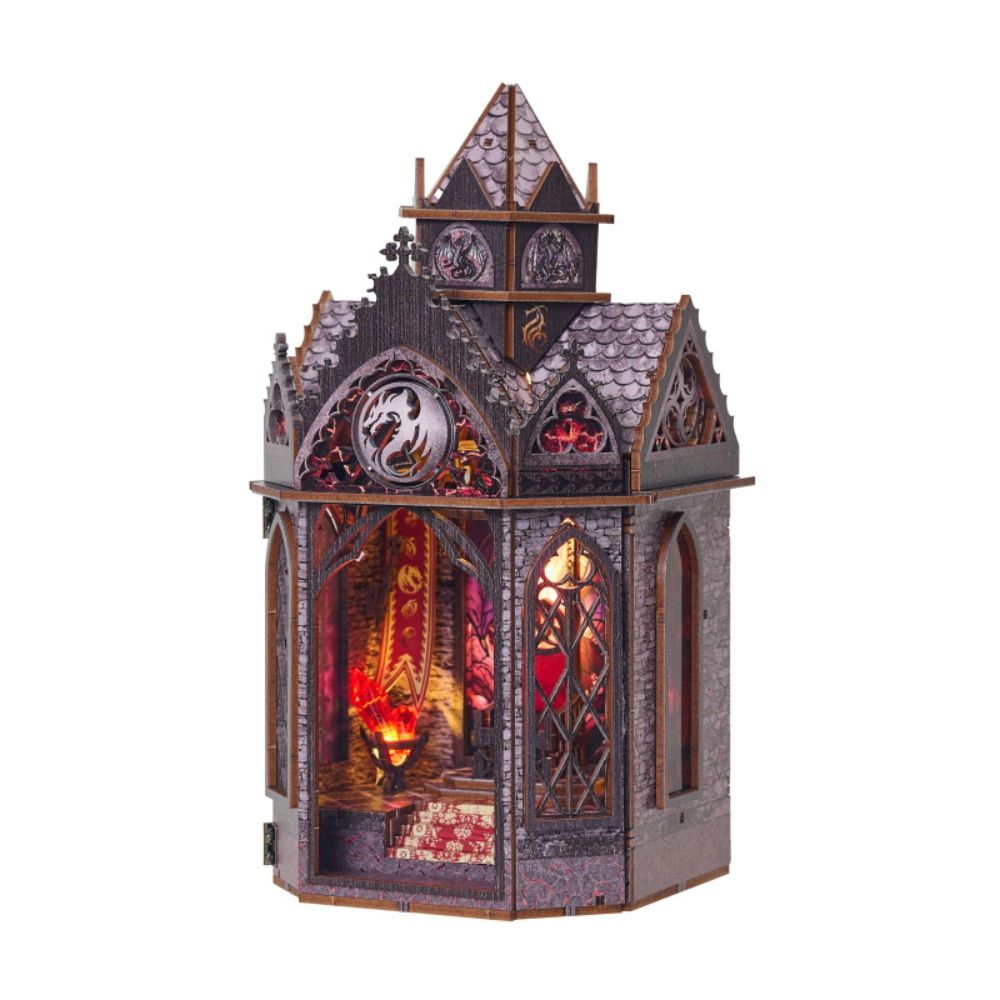 It is a 3D wooden puzzle that creates a miniature gothic-style tower with dragon-themed details. 
