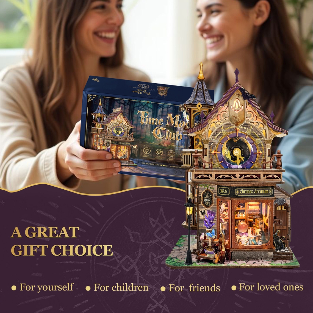 A whimsical, magical theme with a prominent clock tower and a large clock face on the front.