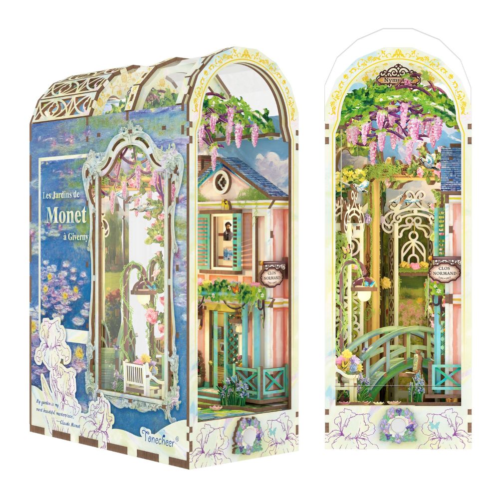 The kit allows users to build a detailed miniature replica of Monet's gardens at Giverny to insert into a bookshelf.