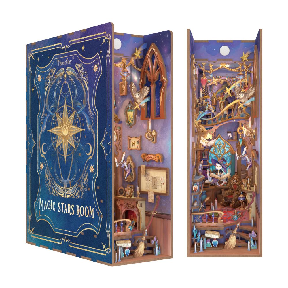 It is described as being inspired by a wizard's enchanted house, featuring miniature planets, magical artifacts, and ancient spellbooks.