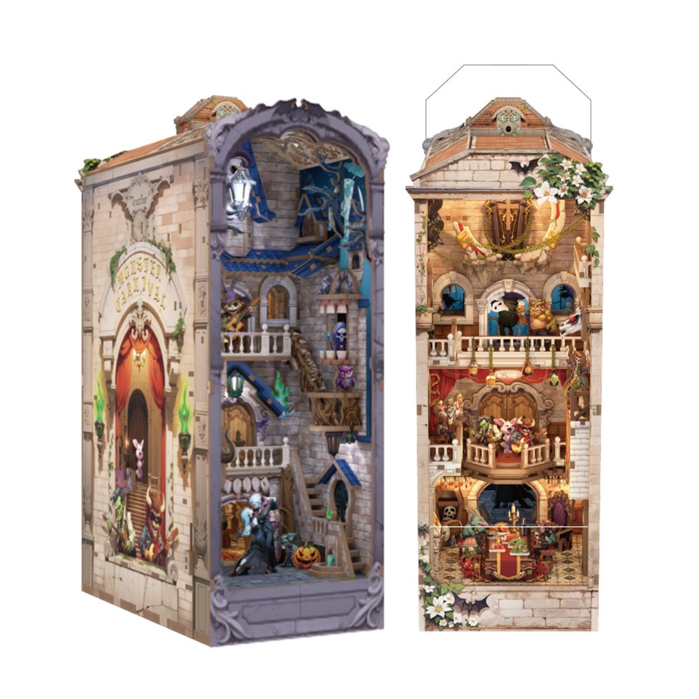 It features a gothic design with a detailed interior on one side and an exterior on the other.