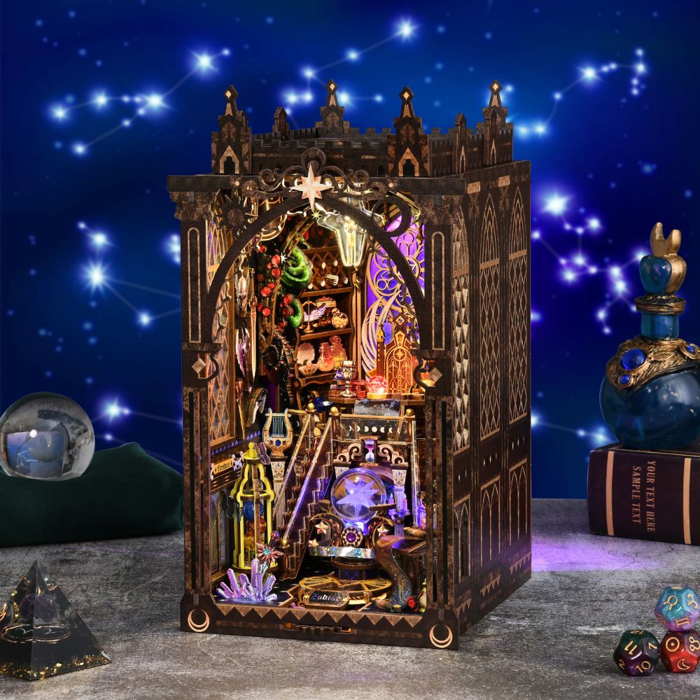 It features intricate details such as glowing crystals, mechanical star gears, tarot cards, and LED lights. 