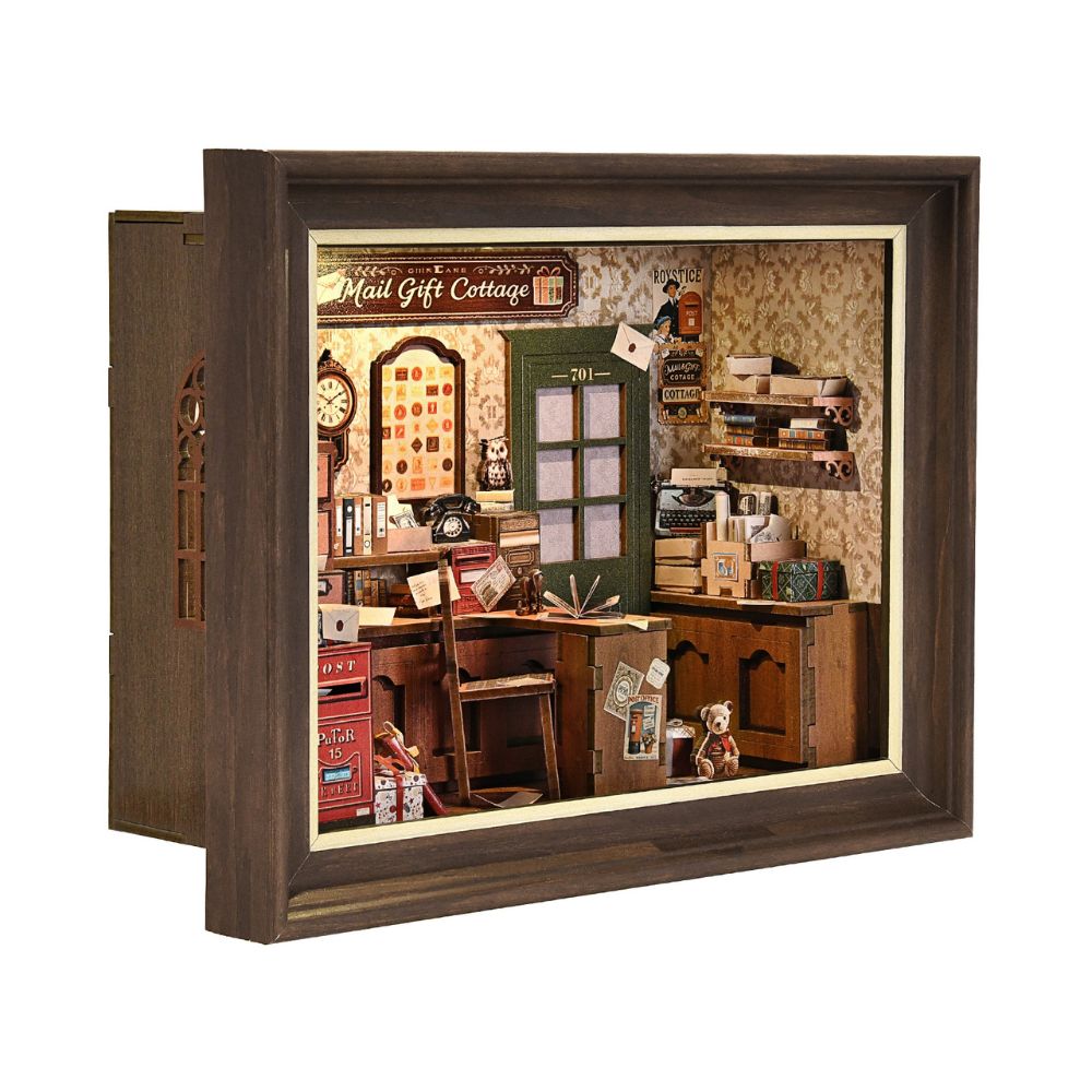It is a 3D wooden puzzle designed to fit into a bookshelf, creating a miniature, immersive scene. 