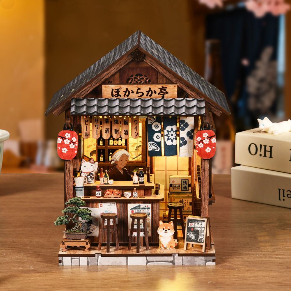 It is a 3D wooden puzzle assembly model. 
The kit includes details such as LED lighting, miniature furniture, and accessories. 