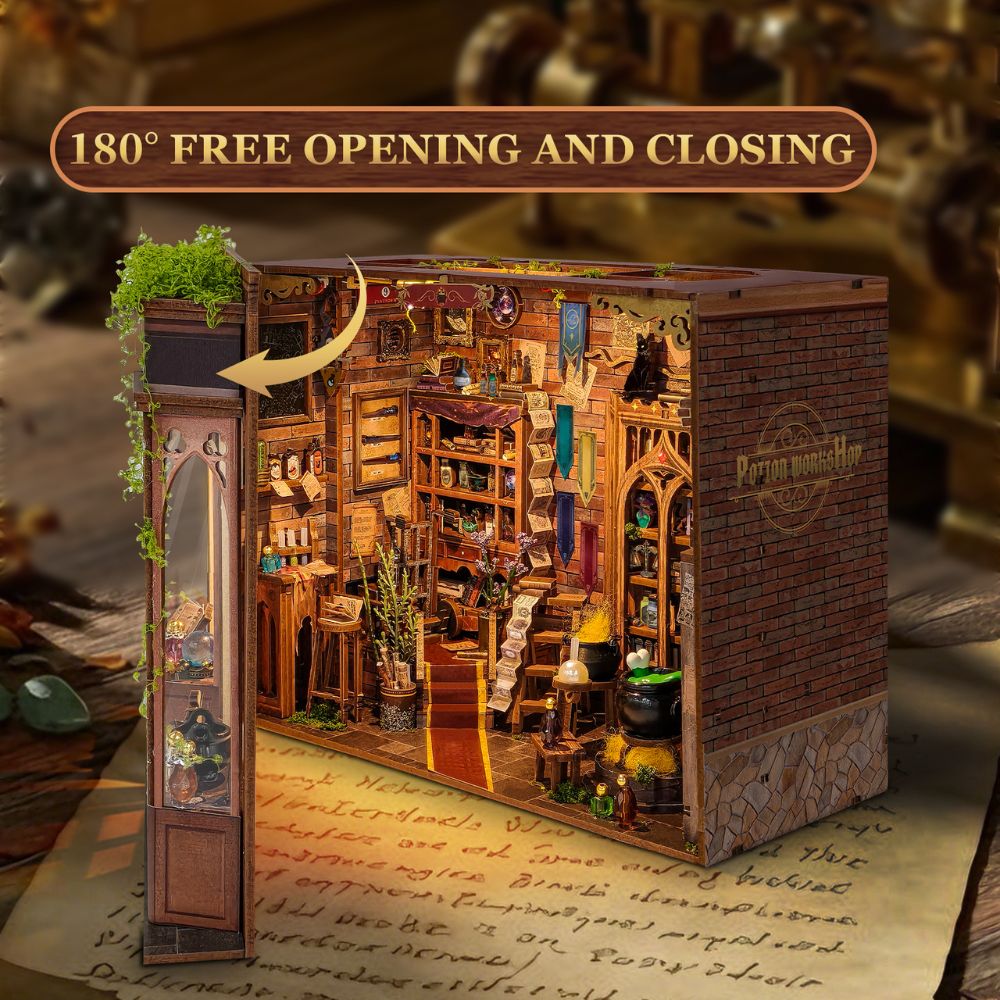 It features a unique 180° opening and closing design, allowing it to be displayed as a closed bookend or opened to reveal the full interior workshop. 