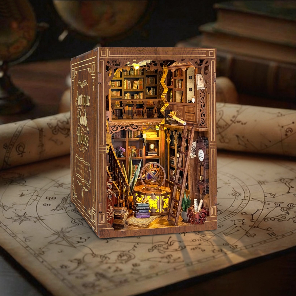 The scene includes multi-level bookshelves with detailed book spines, a rustic ladder, a piano lounge, and old-style architectural elements.