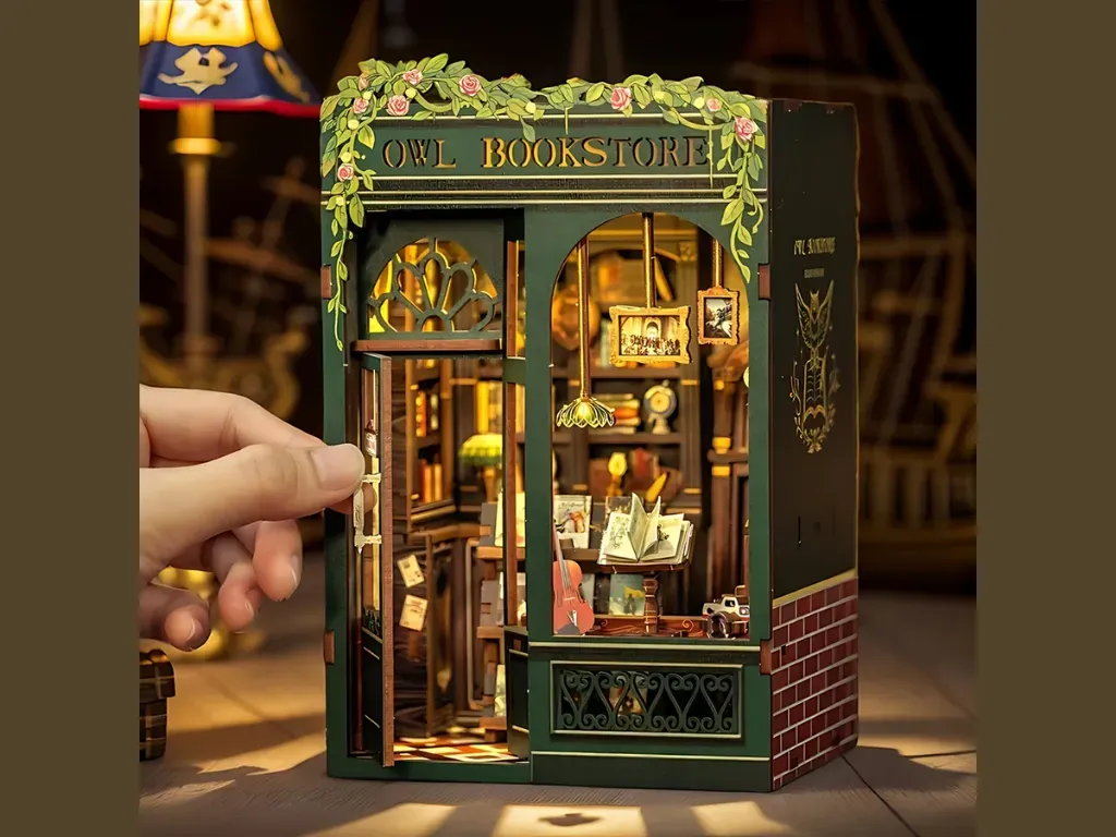 Owl Bookstore book nook with its miniature front door open