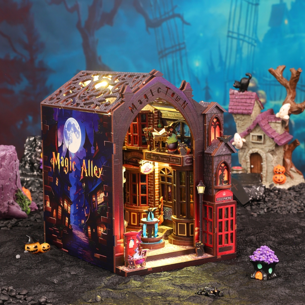 The kits typically include wooden pieces, English instructions, and LED lights to create a miniature scene.
