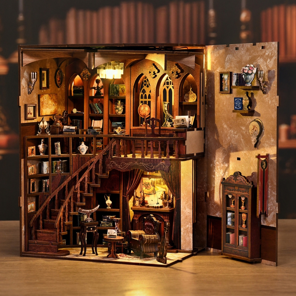 Open view of Ancient Rhyme Library DIY book nook kit.