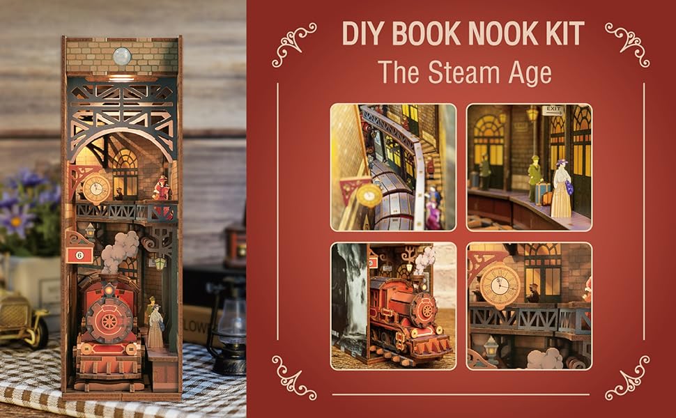 The Steam Age DIY Wooden Bookend, Creative Booknook, 3D Puzzle Decorative  Bookshelf Insert Diorama Kit With Led Light and Body Sensor 