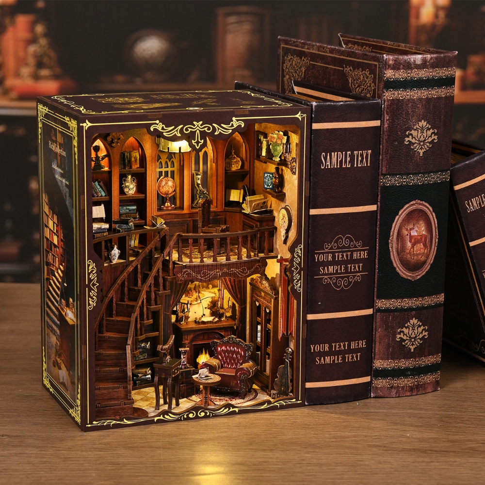 Ancient Rhyme DIY book nook kit includes LED lighting to illuminate the scene.