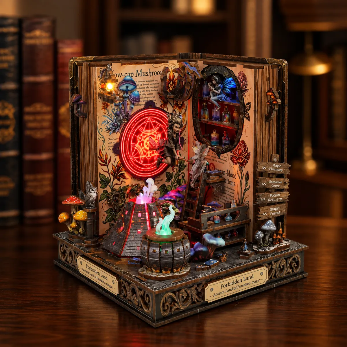 Forbidden Land DIY Book Nook Kit with lights on