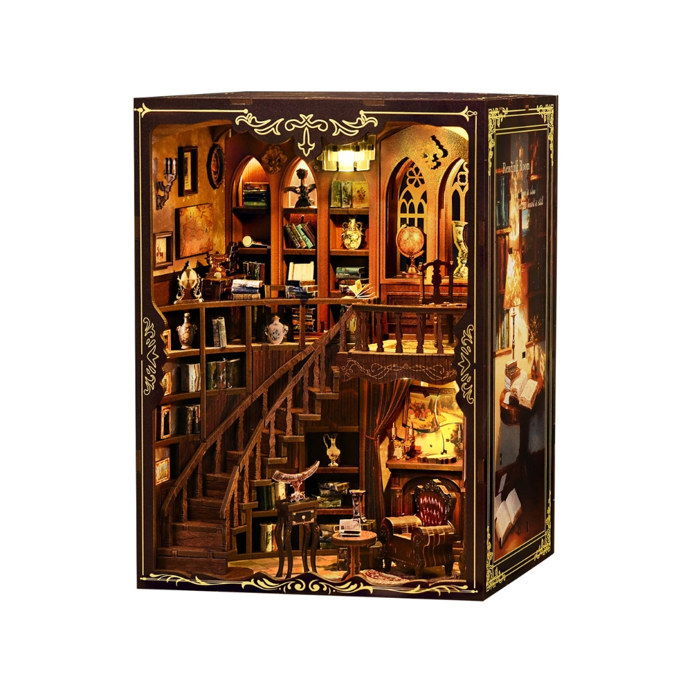 Ancient Ryhme DIY Book Nook Kit is a multi-level library with winding staircase, bookshelves, and fireplace.