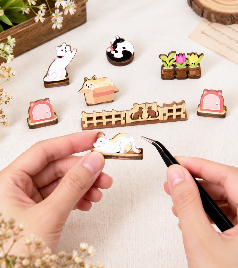 Bouwdetail van Kattenhuis Houten Puzzel Miniatuur Poppenhuis Opslagdoos Kit