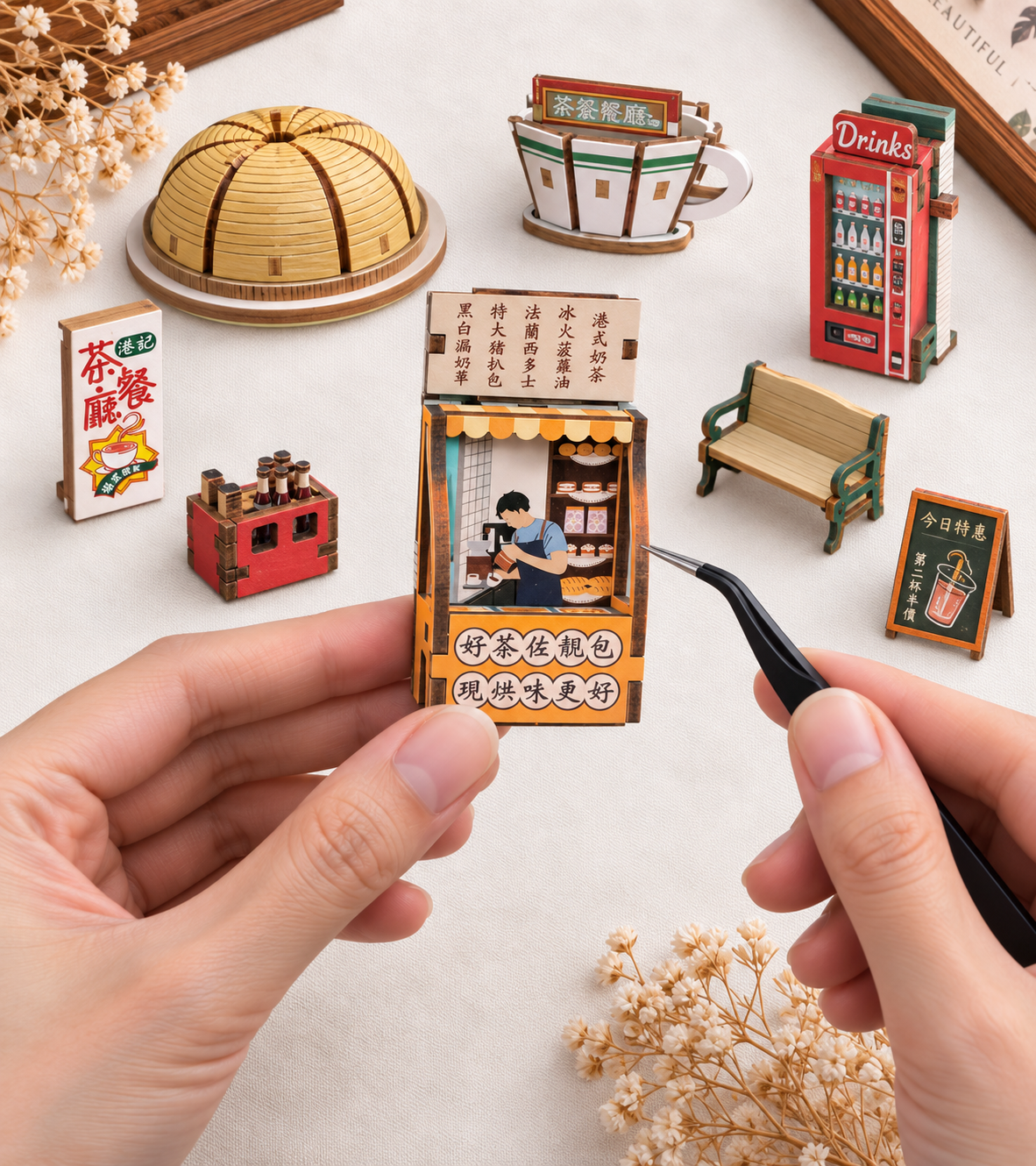 Bouwdetail van Hong Kong Tea House Houten Puzzel Miniatuur Poppenhuis Opslagdoos Kit