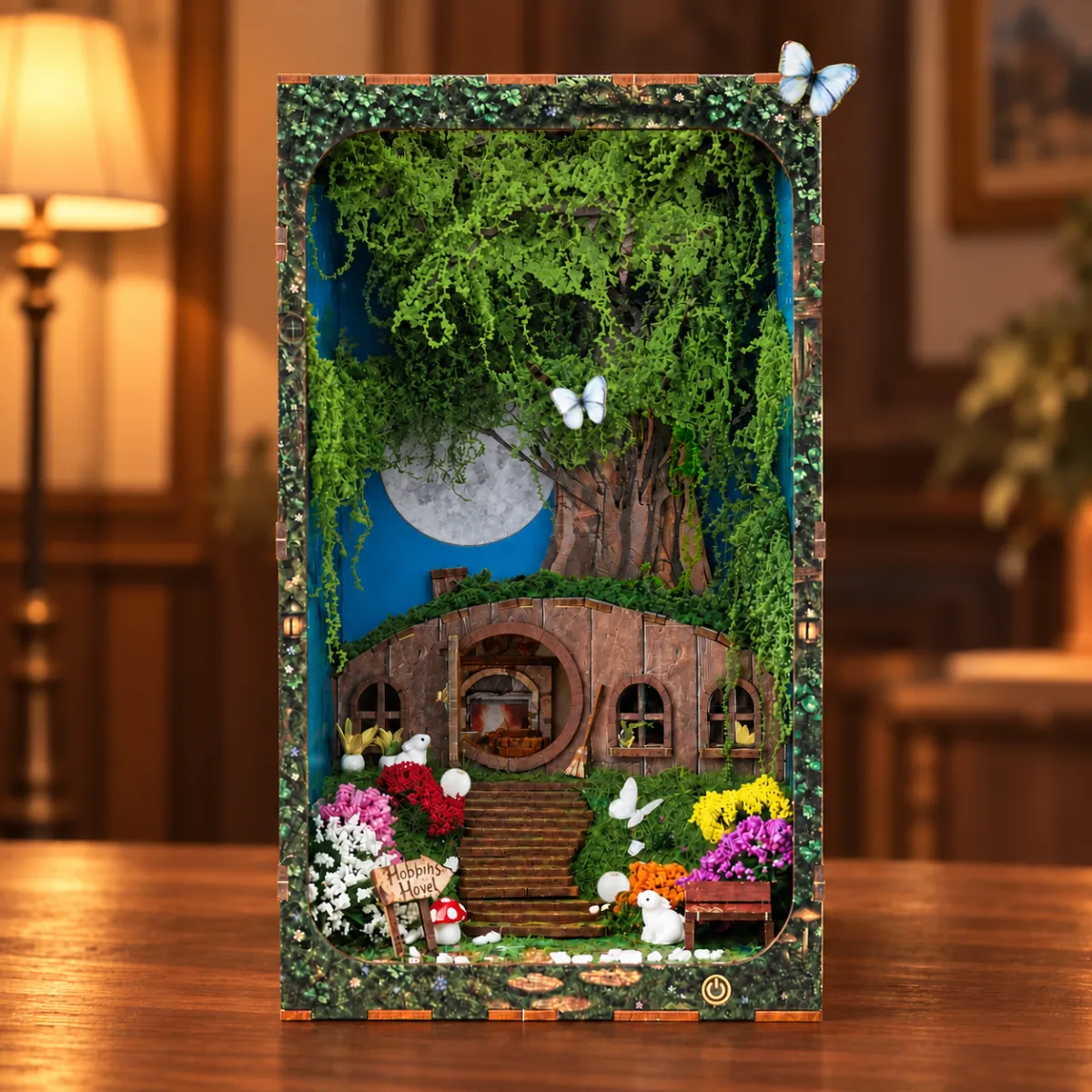 Hobbins Hovel DIY Book Nook Kit with lights off