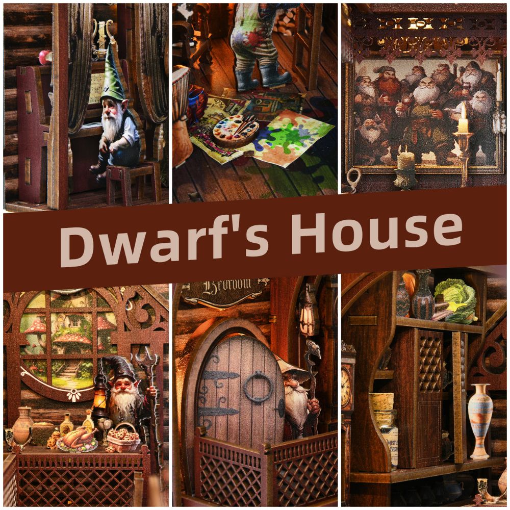 Inspired by fairy tales and fantasy themes, with a focus on a cozy woodland home for dwarfs.