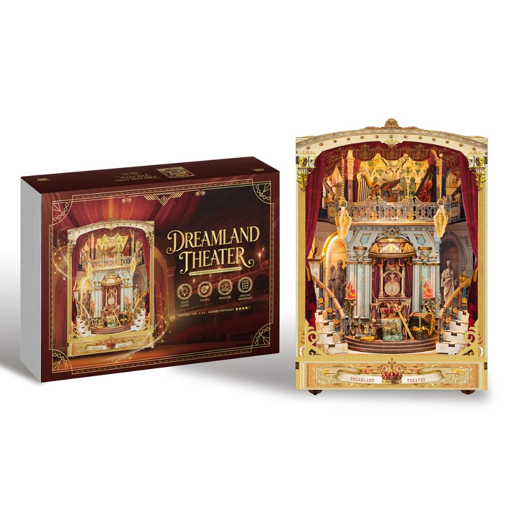 This product is an elegant opera-themed DIY book nook kit featuring two richly detailed miniature theater scenes framed by red curtains and gold accents.