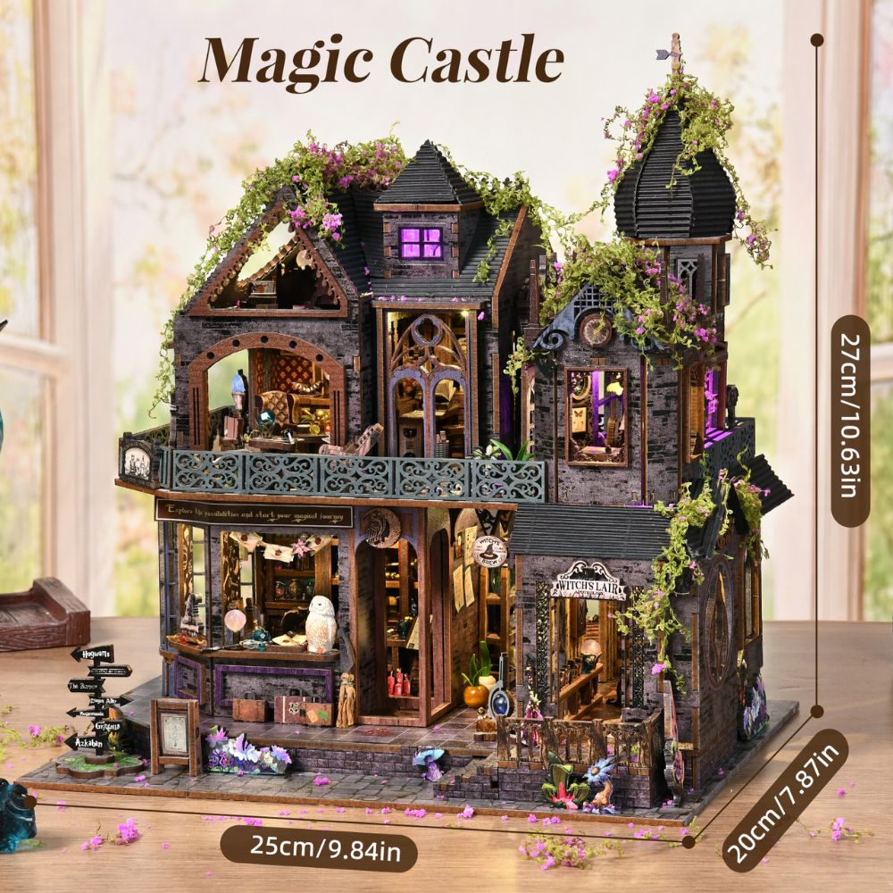 The finished model features intricate gothic-style architecture and fantasy-inspired decor.  The assembled dimensions are approximately 27cm (10.63in) high, 25cm (9.84in) wide, and 20cm (7.87in) deep.