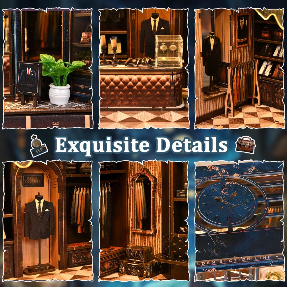 Gentleman's Measure DIY Miniature Kit showing tailored suits and vintage decor