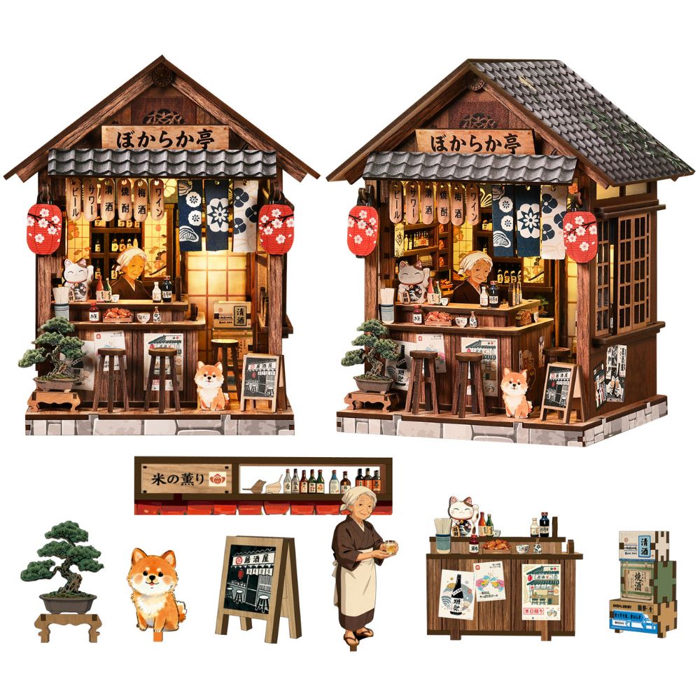 The model is inspired by traditional Japanese izakayas from the Showa era, featuring red lanterns, noren curtains, and sake bottles. 
Detailed Miniatures: The kit includes miniature components such as a bonsai tree, a shiba inu dog figure, food counters, and various accessories. 