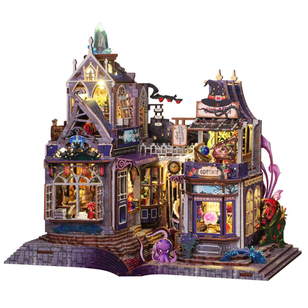 It is a 3D puzzle dollhouse kit featuring a fantasy magic cityscape design with LED lighting. 