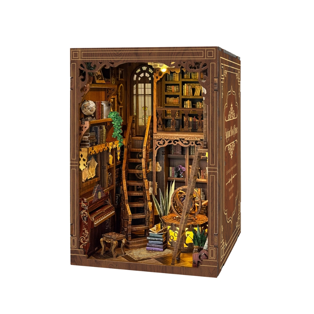 A popular 3D wooden miniature house designed as a decorative bookshelf insert. These kits allow you to build an intricate, old-world library scene complete with LED lighting to create a warm, magical atmosphere on your bookshelf. 