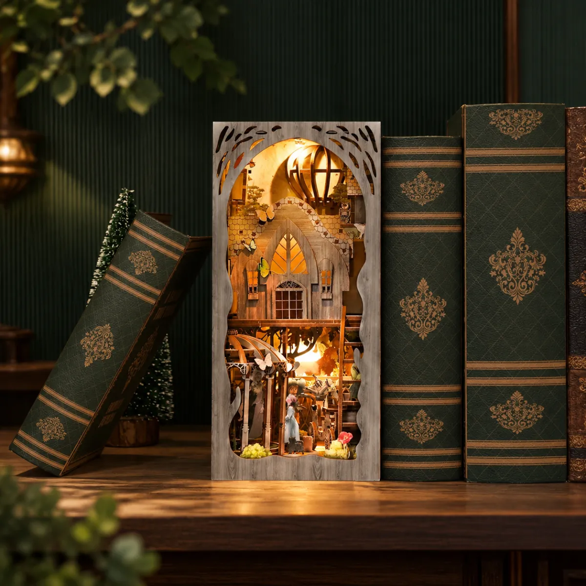 Dorothy's Journey DIY Book Nook Kit with lights on