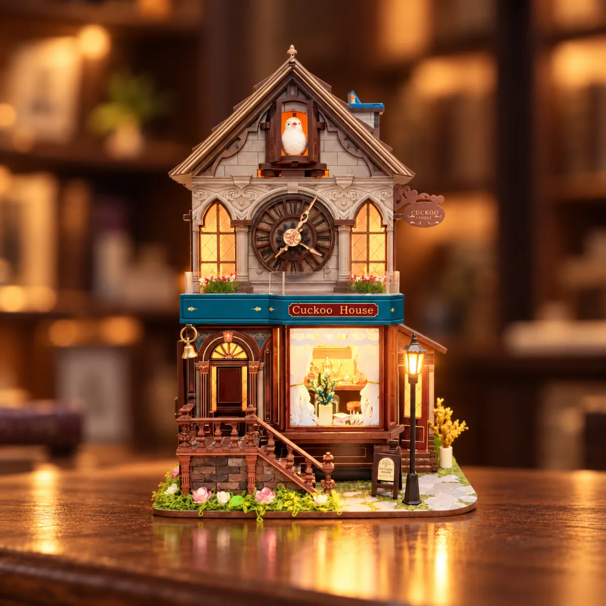 Cuckoo Clock House | Mechanical 3D Wooden Puzzle Kit with lights on