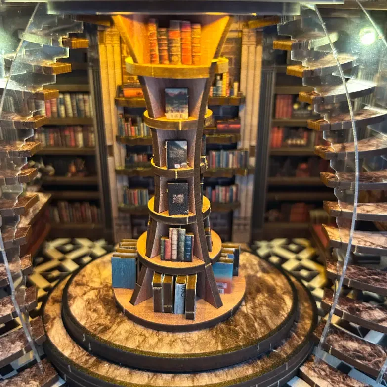 Spiral Book Tower with Floating Stairs
