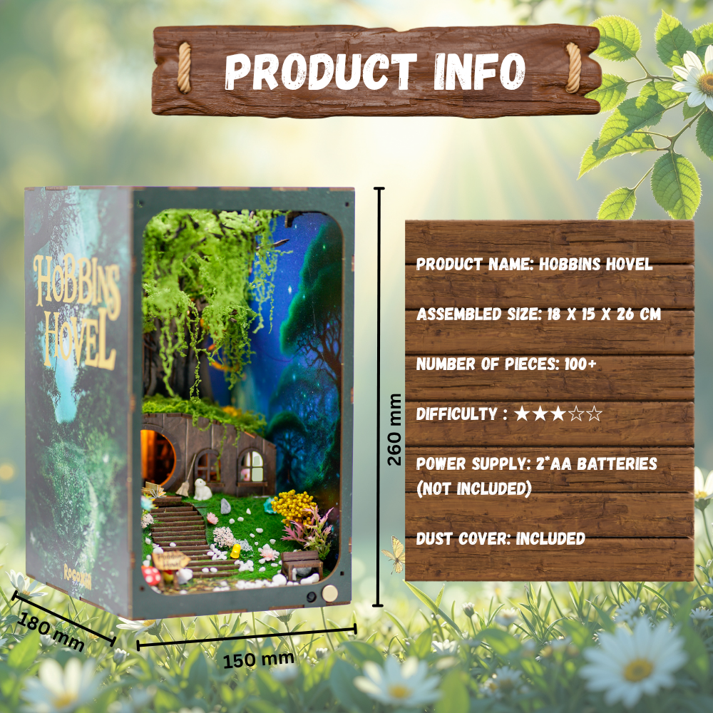 Hobbins Hovel DIY Book Nook Kit information and dimension