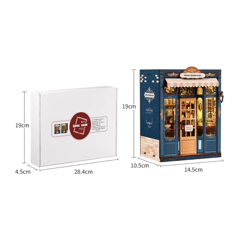 Pergola Reading Room DIY Book Nook Kit dimension and gift box packaging.