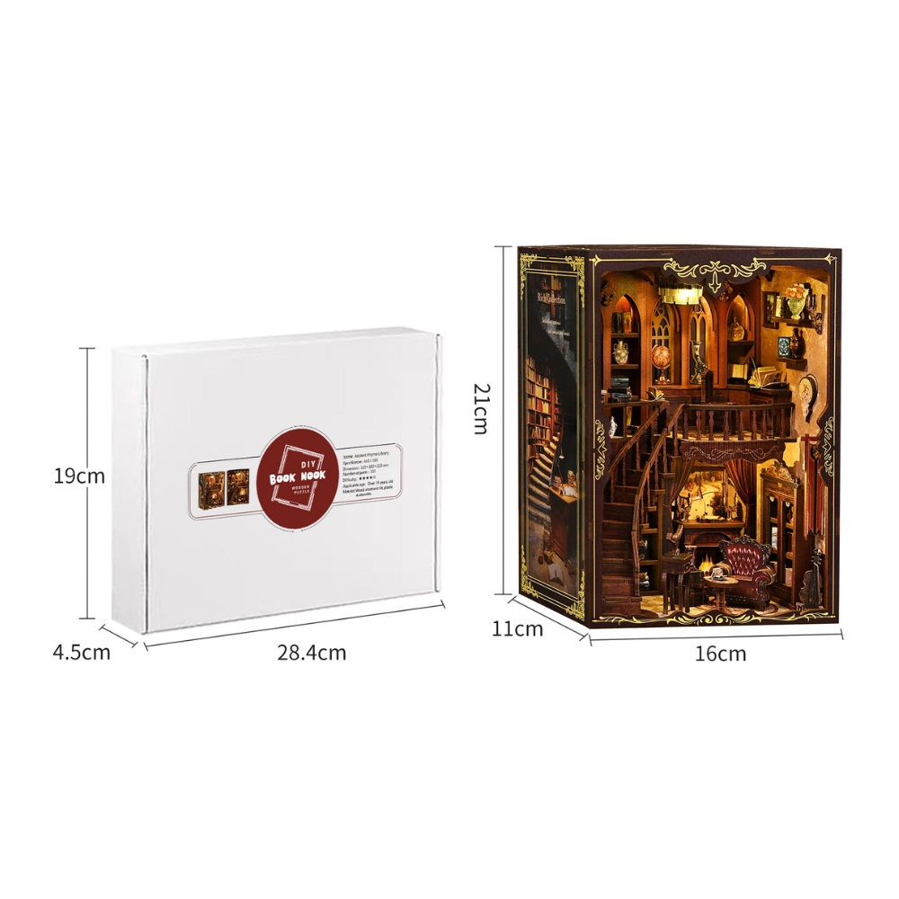 Ancient Ryhme Library book nook kit dimension and gift box packaging.