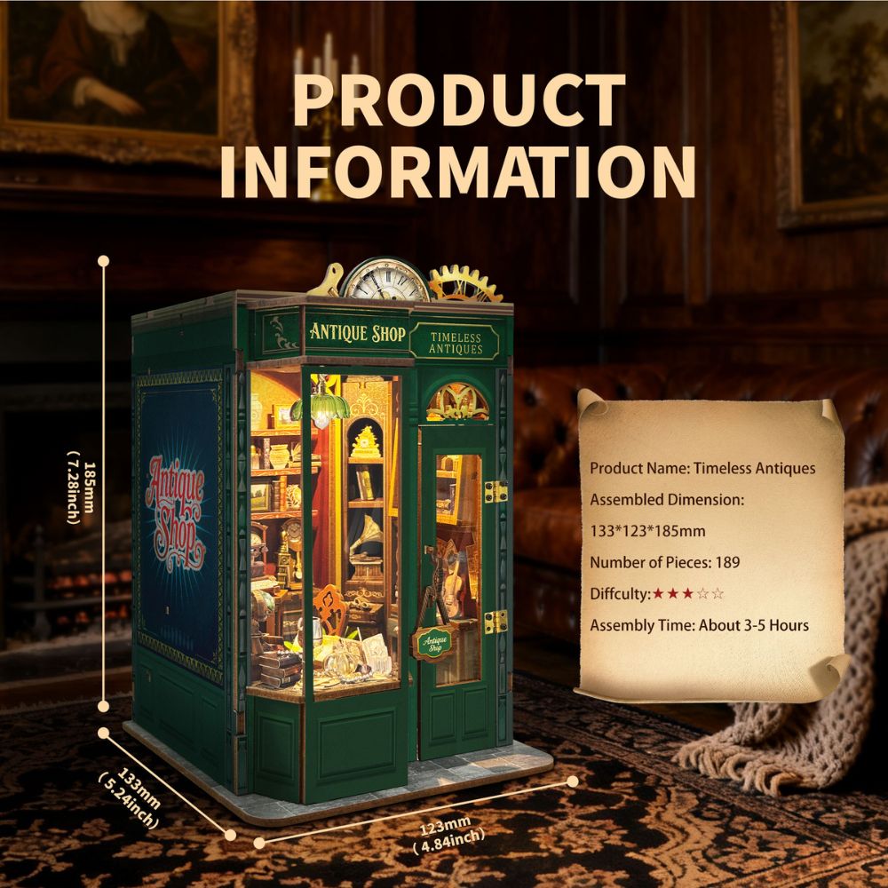 When assembled, this book nook becomes a warm, enchanting display that adds depth, character, and a touch of historical wonder to any bookshelf.