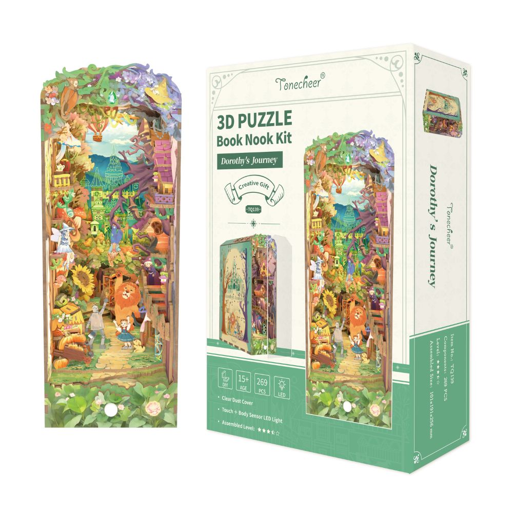 Dorothy's Journey DIY Book Nook Kit, a detailed, miniature 3D wooden puzzle designed to fit between books on a shelf.