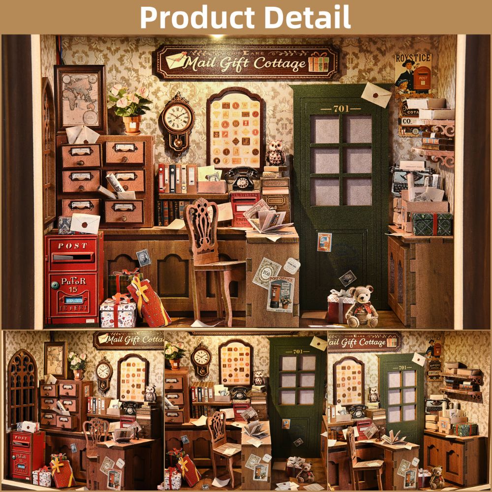 The design is inspired by vintage post offices and gift shops, featuring elements like a post box, a desk, and tiny gifts. 