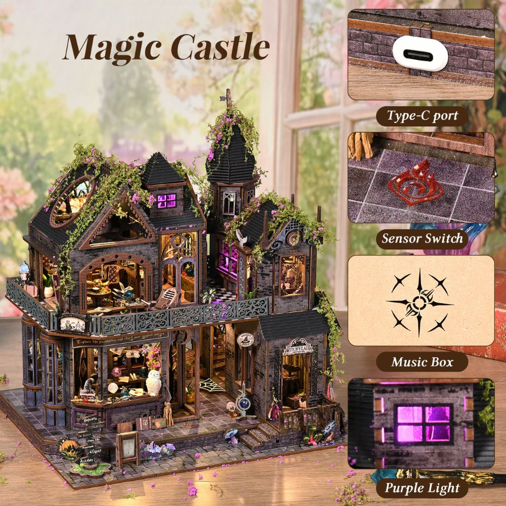 It includes built-in LED lighting to create a magical ambiance. DIY miniature wizard shop book nook kit with detailed stonework, crystals and magical artifacts