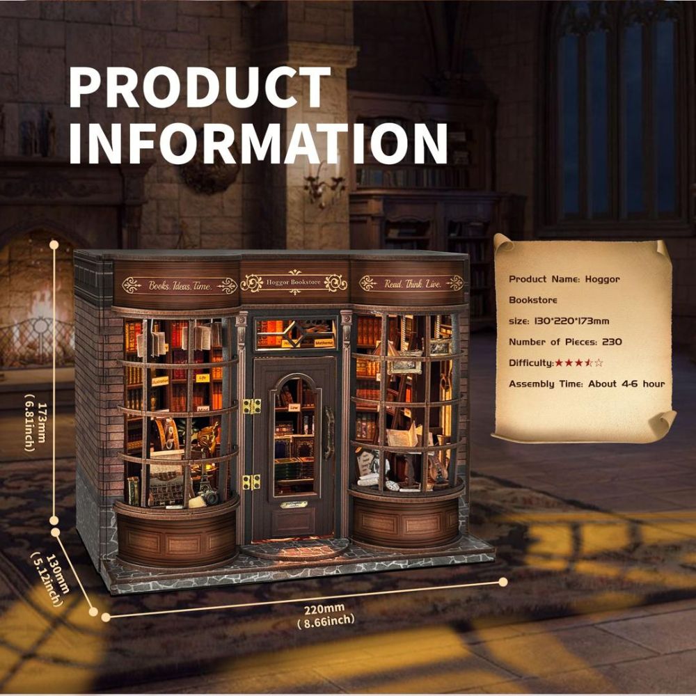 Size: 130x220x173mm. This is a Hoggor Bookstore DIY Miniature House Book Nook Kit, a 3D wooden puzzle designed as a decorative insert for bookshelves. 
