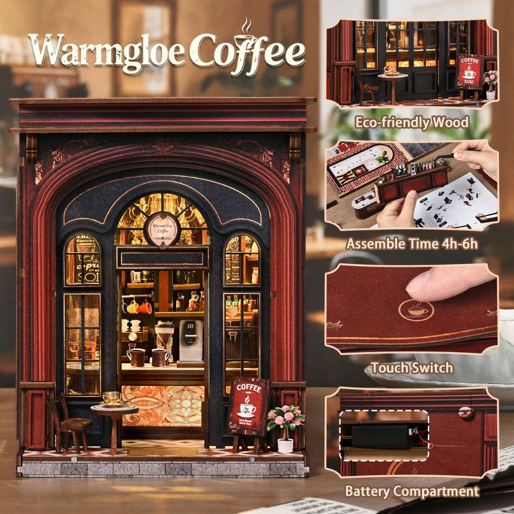 The kit includes pre-cut wooden pieces and LED lights for assembly. 
It features a touch switch for the lighting and a battery compartment. 