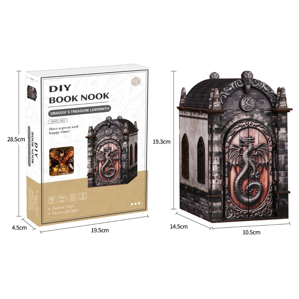 It is a puzzle toy kit designed to create a miniature book nook insert with a gothic, dragon-themed door.
The finished dimensions are approximately 19.3cm high, 14.5cm wide, and 10.5cm deep.