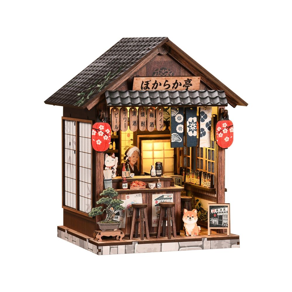 This is a DIY miniature house kit designed to look like a nostalgic Japanese-style pub.