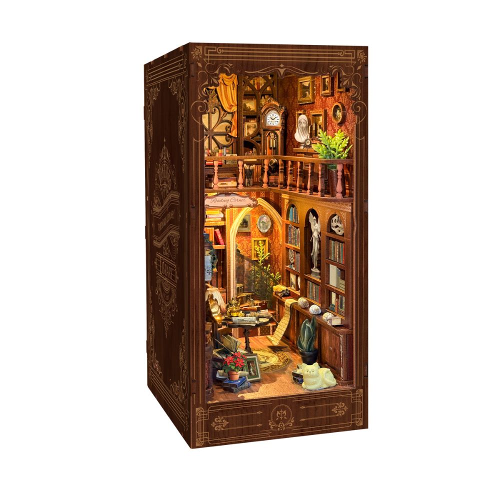 It is a 3D wooden puzzle that creates a miniature library scene designed to fit on a bookshelf. 