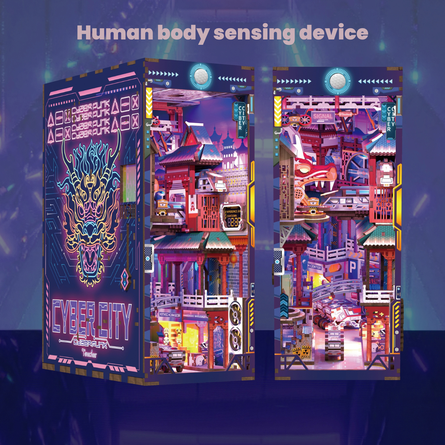 Cyber City DIY Book Nook Kit -Two Lighting Effects - Human Body Sensing Switch & Touch Switch -Book Nook World