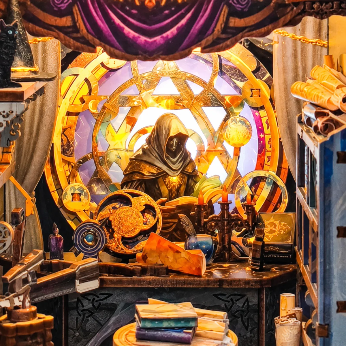 Mysterieuze magiër en arcane cirkel