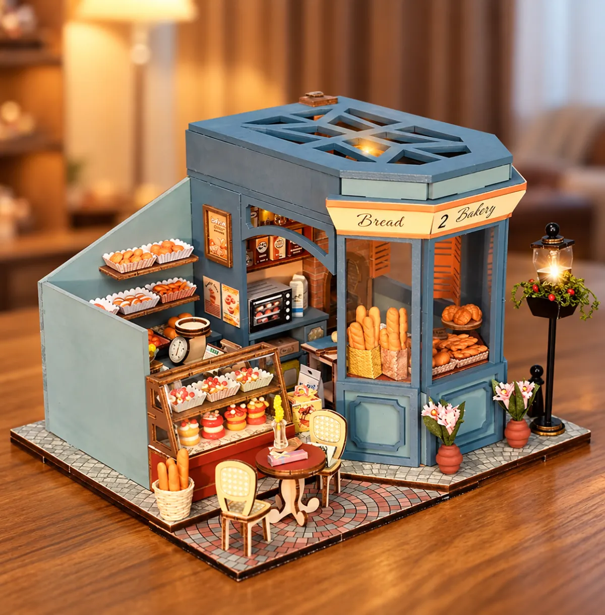 French Bakery DIY Miniature Kit with lights on