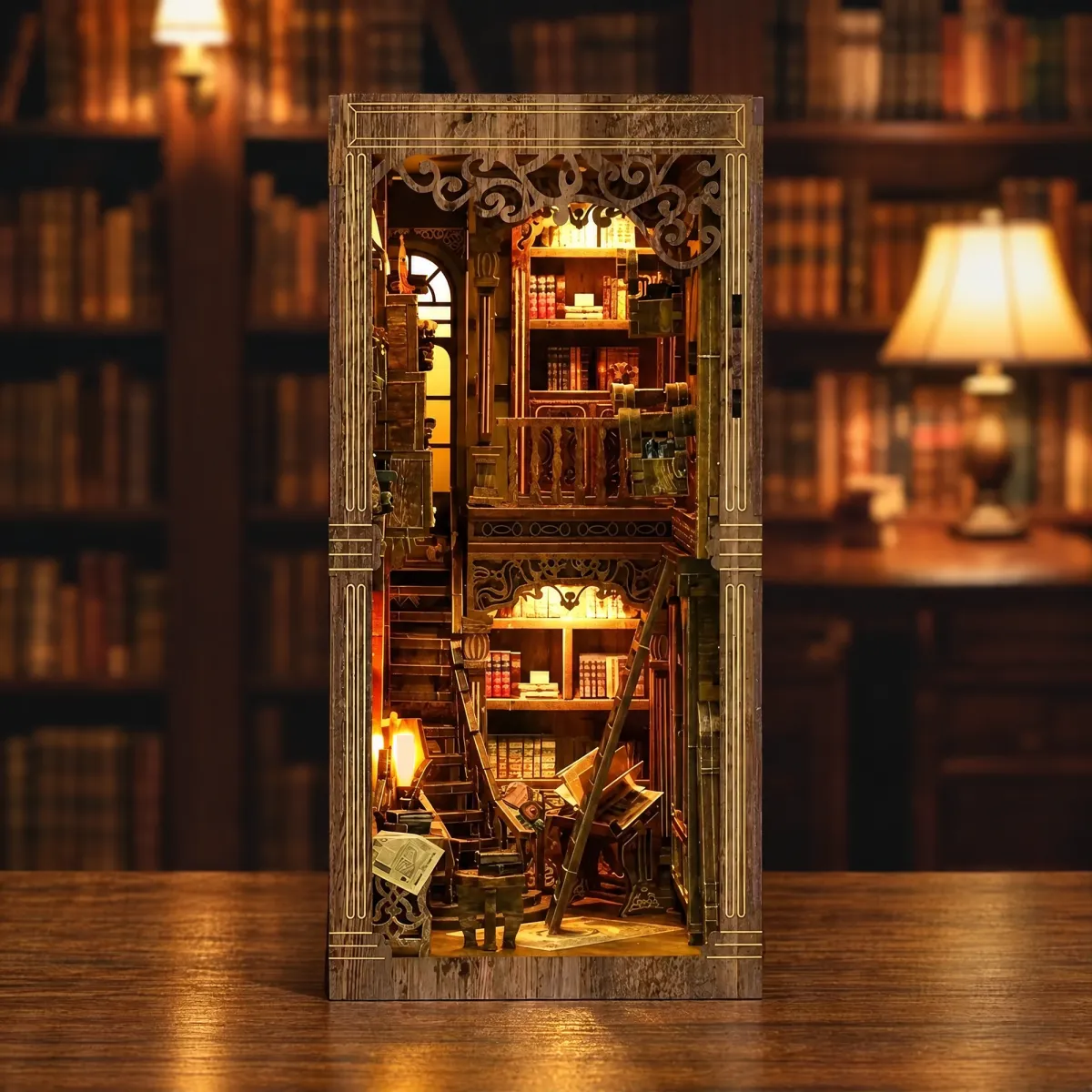 Ancient Book Collection Room DIY Book Nook Kit with lights on