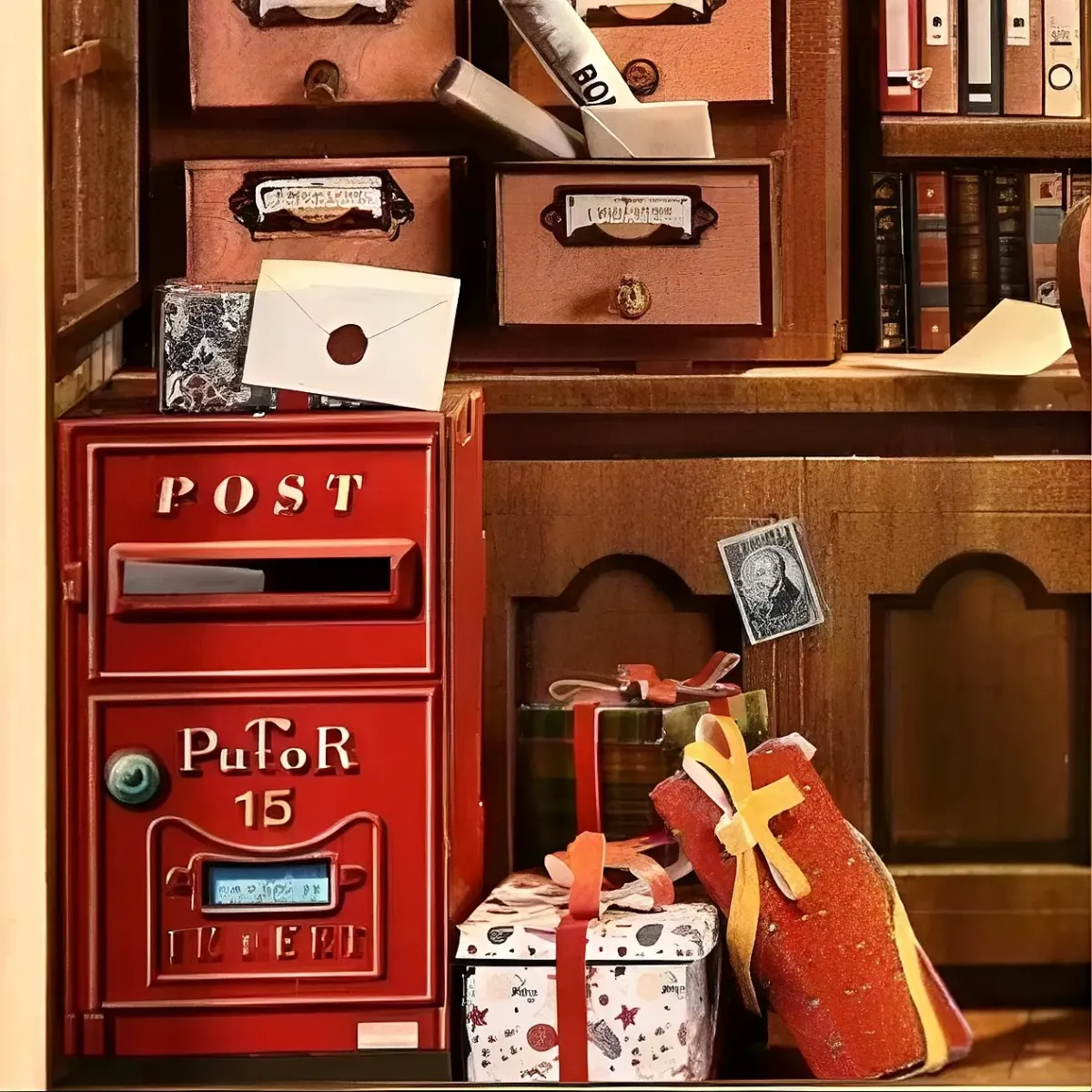 Mini Mail Drawers & Red Vintage Post Box Display